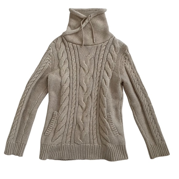 L.L. Bean Women's Double L Mixed-Cable Funnelneck Sweater Oatmeal Heather Small - Picture 2 of 9